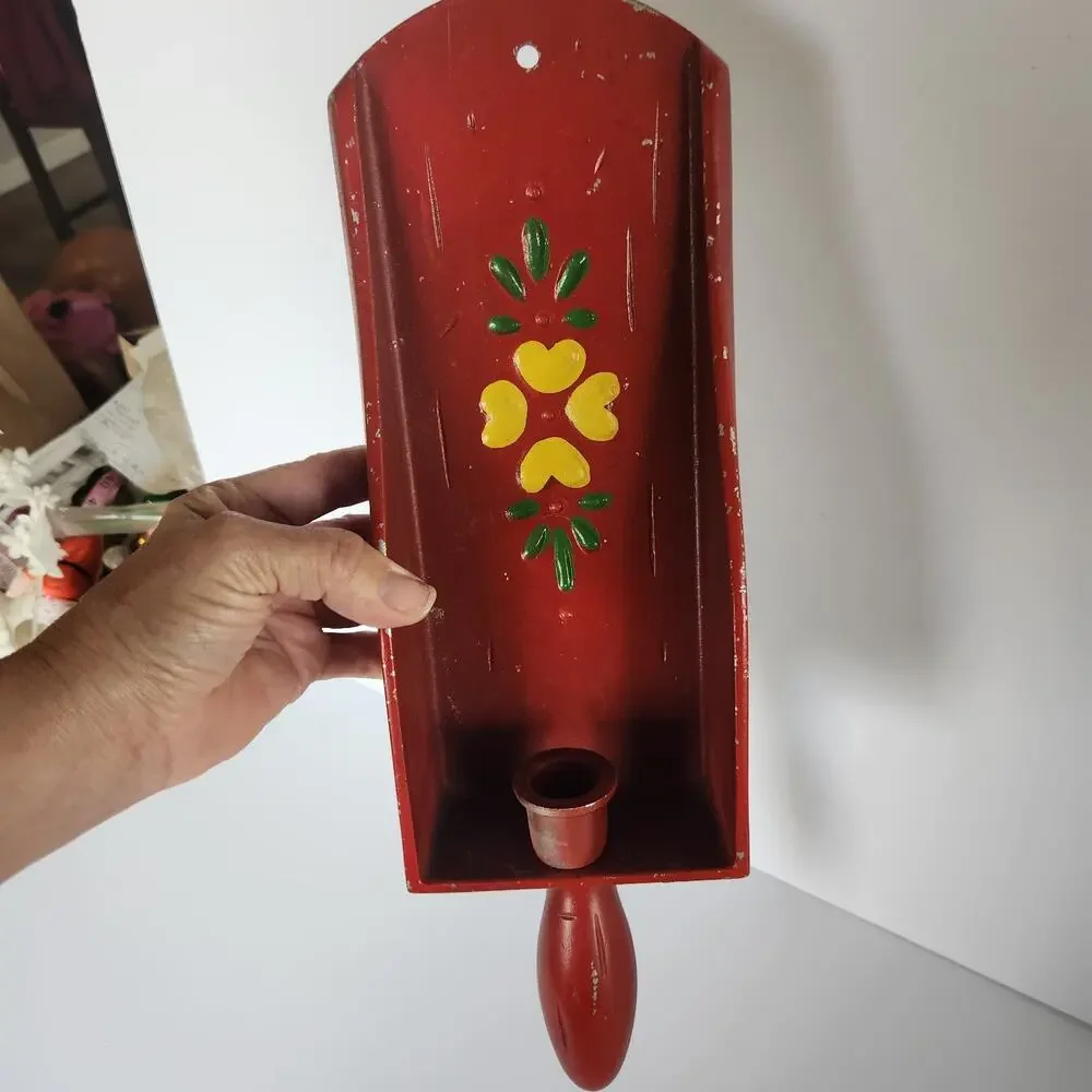 Vintage MCM Wall Sconce Candleholder Tole Floral Folk Art Metal Red Shabby Boho